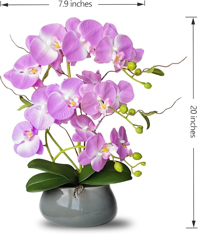 SJC Orchids Artificial Flowers with Gray Vase Purple Faux Orchid Phalaenopsis Arrangements for Kitchen Table Centerpiece Home Decoration Indoor(3.54" D x 7.87" W x 20" H)-Ruum Studio Home