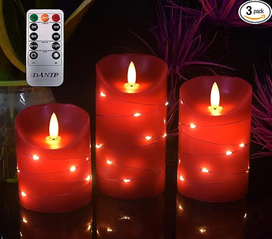 danip red LED flameless Candle with Embedded Star String, 3-Piece Set of LED Candles, with 11 Button Remote Control, 24-Hour Timer Function, Dancing Flames, Real Wax, Battery Powered. (Red)