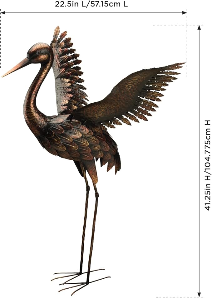 Regal Art & Gift Outdoor Garden Décor, Unique Bird Sculpture, Rustic Metal Bird Statues, Garden Ornaments, Bird Figurine for Lawn, Decorative Sculpture, Crane, Multi, Wings Up, 44" Height-Ruum Studio Home