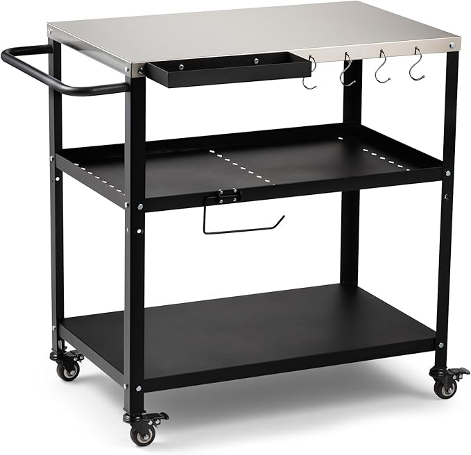 Outdoor Grill Cart Table,Indoor and Outdoor Pizza Oven Table,with 4 Movable Total Lock Casters, Hooks, Side Handle Multifunctional (Stainless Steel Table)-Ruum Studio Home