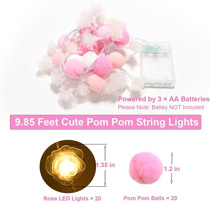 9.85Ft String Lights 20 Cute Pink Pompoms 20 LEDs Rose Fairy Lights Garland Battey Operated with Timer Flower Lights for Bedroom Kids Room Party Birthday Wedding Valentines Decorations-Ruum Studio Home