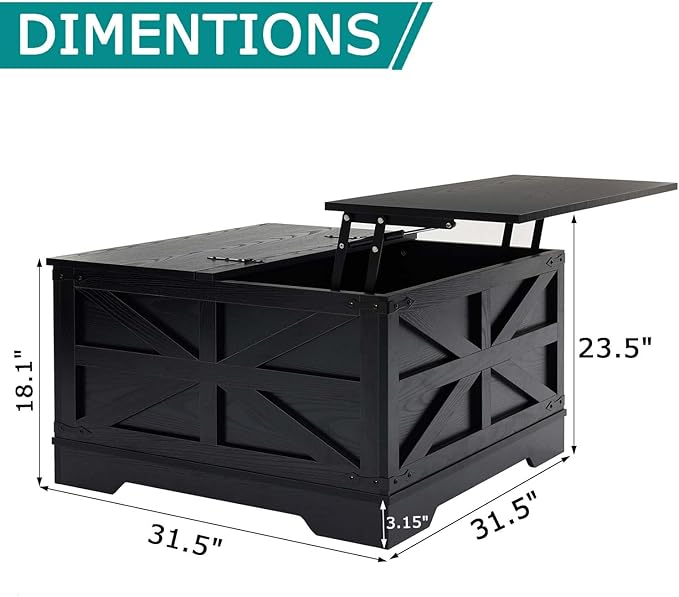 Black Coffee Table with Storage, Cocktail Table with Hinged Lift Top, Farmhouse Square Wood Center Table with Large Hidden Storage Compartment for Living Room, Square Coffee Table, Metal Edges Decor-Ruum Studio Home