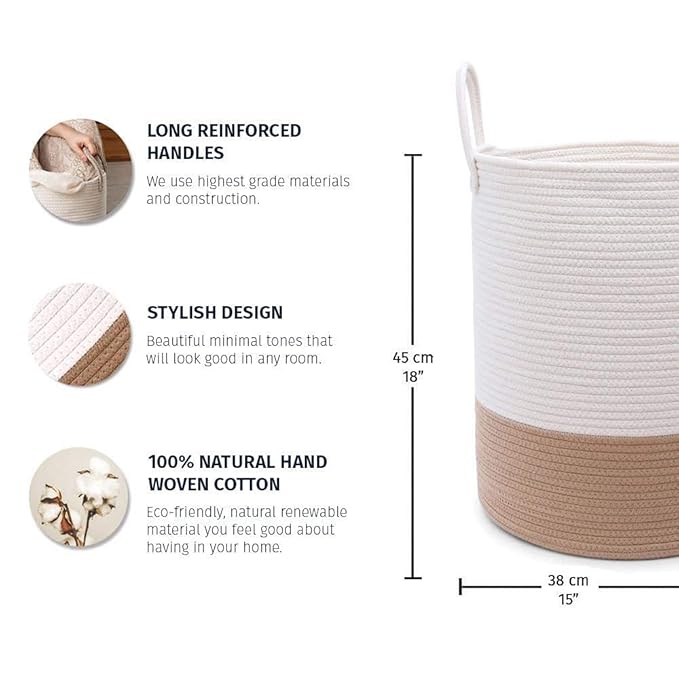 OrganiHaus Boho Laundry Basket 15x18, Baby Hamper for Nursery, Boy Basket for Toys, Basket for Blankets fror Living Room, Large Woven Basket for Storage, Towel Basket & Blanket Basket, Honey-Ruum Studio Home
