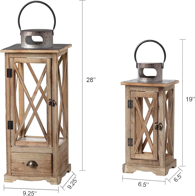 TIMRIS Large Farmhouse Wooden Candle Lantern Set of 2, Rustic Floor Candle Lanterns with Drawer, Vintage Hurricane Lantern Holder for Indoor Outdoor Decor (No Glass)-Ruum Studio Home