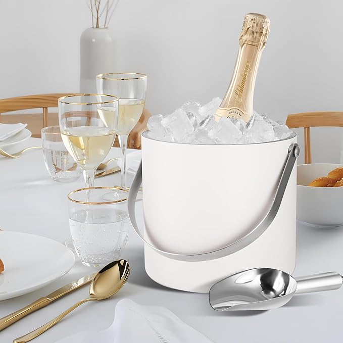 Insulated Ice Bucket with Silicone Lid, Scoop, Tongs & Strainer, 3L Stainless Steel Double Wall Ice Buckets for Parties & Cocktail Bar, Champagne Ice Bucket with Lid for Freezer, Ivory-Ruum Studio Home