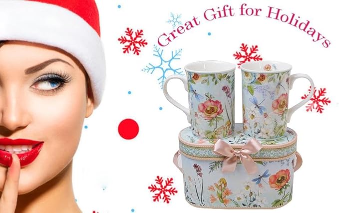 Lightahead Elegant Bone China Two Coffee Mugs Set in Floral Design 10.8 oz Each Cup in Attractive Gift Box-Ruum Studio Home