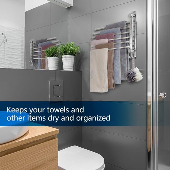 Towel Rack Wall Mounted JSVER Bathroom Towel Rack, Space Saving Towel Holder, Swivel SUS304 Stainless Steel Towel Bar, 180° Rotation 6 Arms Towel Racks for Bathroom-Ruum Studio Home