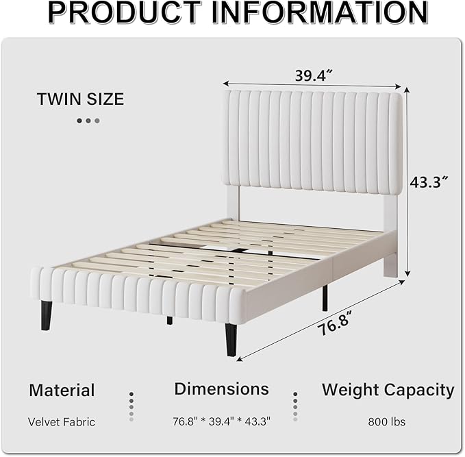Twin Bed Frame, Velvet Upholstered Platform Bed with Vertical Channel Tufted Headboard and Footboard, No Box Spring Required, Easy Assembly, White-Ruum Studio Home