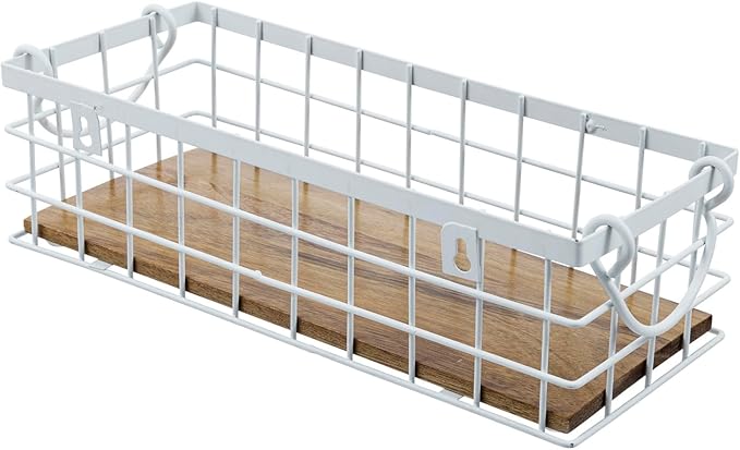 MyGift 13 and 12 Inch Nesting Storage Baskets with Handles, Wall Mounted or Tabletop White Metal Wire and Premium Acacia Wood Decorative Shelf Organizer Bins, 2 Piece Set-Ruum Studio Home