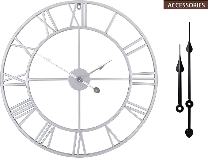 LEIKE 16" Modern Large Wall Clocks,Vintage, Round,Silent Non Ticking,Battery Operated,Silver Metal Roman Numerals Clock for Living Room/Bedroom/Kitchen Decor-Ruum Studio Home