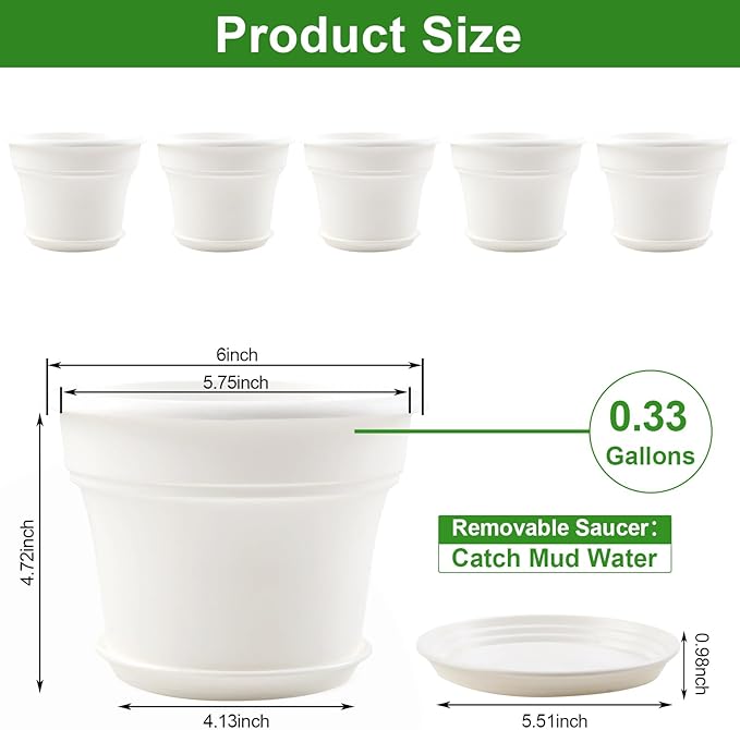 6 Inch Plastic-Flower Pot-for-Indoor Plants, 6 Pack Outdoor Plant Pots with Drainage Holes & Saucers, Resin Garden Pots Planters-Ruum Studio Home