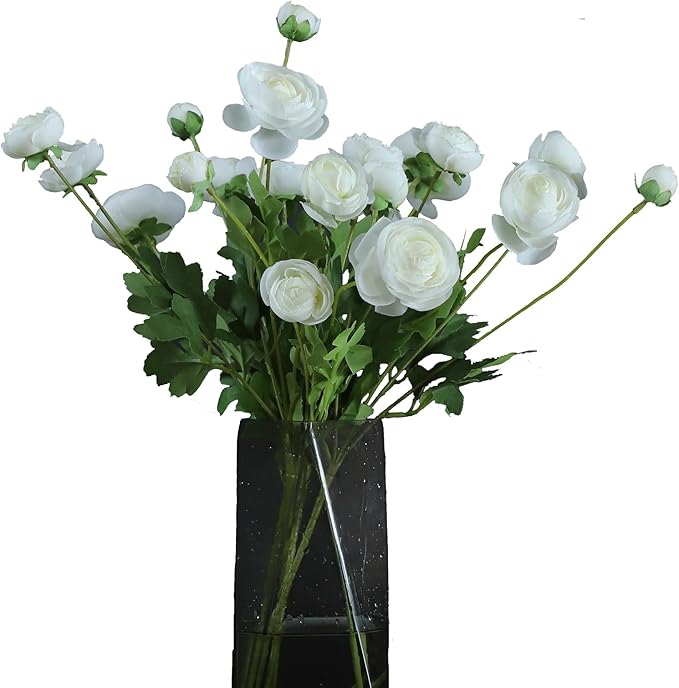 Silk Ranunculus Flowers 23.6 Inch Tall-5 Stems Artificial Buttercup Flowers for Wedding Bouquets, Centerpieces,Home Decor,Floral Arrangements (White,UV Resistant)-Ruum Studio Home