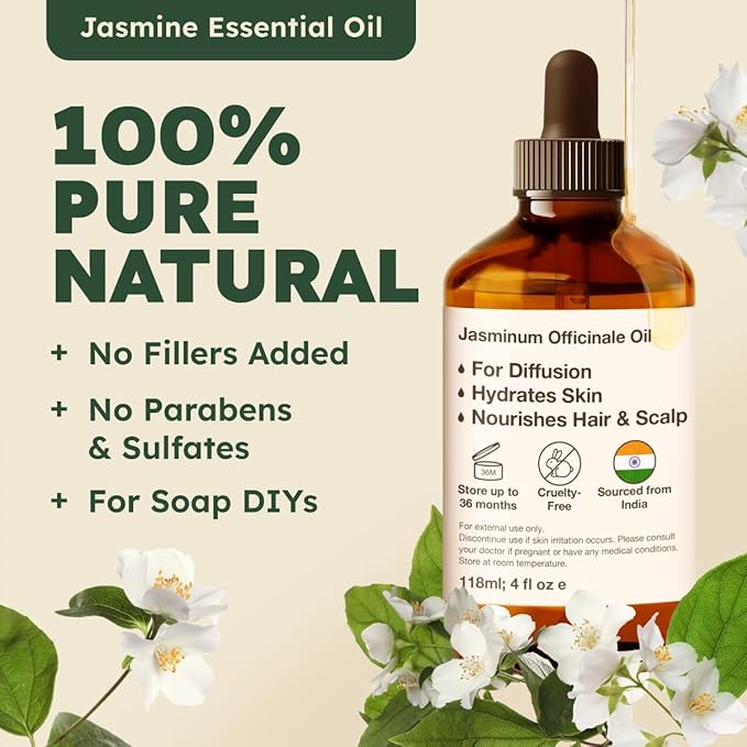Kukka Jasmine Essential Oil for Diffuser - 4 Fl Oz - 100% Pure Natural Jasmine Oil for Skin, Hair & Soap Making Scents - A Great Relaxing Floral Addition for Hair Care & Perfume-Ruum Studio Home