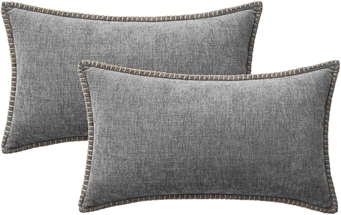 MIULEE Pack of 2 Couch Throw Pillow Covers 12x20 Inch Dark Gray Farmhouse Decorative Pillow Covers with Stitched Edge Soft Chenille Solid Dyed Spring Pillow Covers for Sofa Bed Living Room-Ruum Studio Home