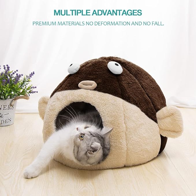Cat Beds for Indoor Cats - Cat Bed Cave with Removable Washable Cushioned Pillow, Soft Plush Premium Cotton No Deformation Pet Bed, Lively Pufferfish Cat House Design, Brown, Multiple Sizes(L)-Ruum Studio Home