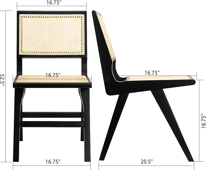 Accent Chair Dining Chairs Set of 2, Solid Wood Frame Boho Rattan Chair, Mid Century Modern Accent Chairs for Living Room Bedroom Dining Room Kitchen(Black)-Ruum Studio Home