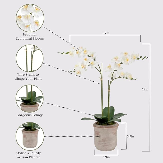 Faux White Orchid Plant, Premium Artificial Indoor Flower Display Stands 24”, Beautiful Sculptural Blooms That Lasts Forever, Grey Planter Pot Included-Ruum Studio Home