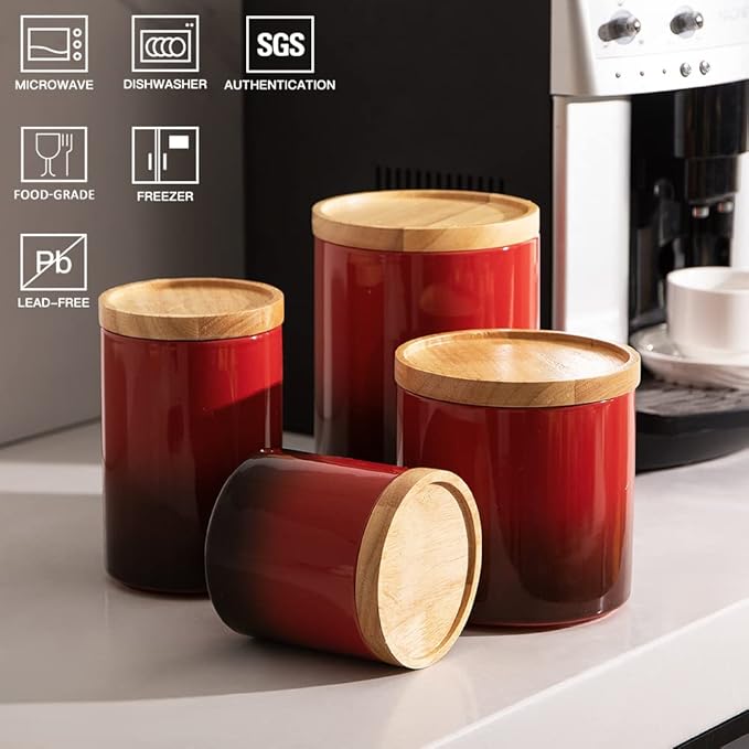 Sweejar Ceramic Food Storage Jar, Stackable Kitchen Canisters, Containers with Airtight Seal Wooden Lid for Serving Ground Coffee, Tea, Sugar, Salt and More - 16 Fl Oz (Gradient Red)-Ruum Studio Home