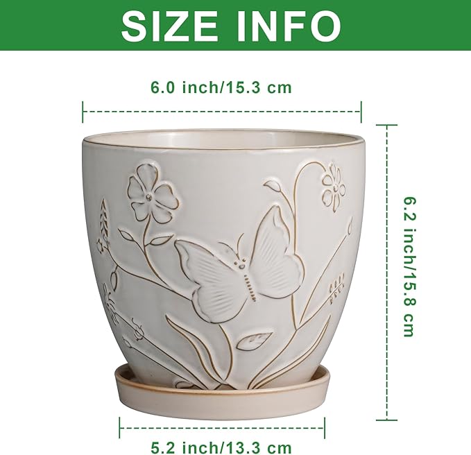 6 Inch Ceramic Plant Pot for Indoor Plants Outdoor Round Planter Flower Pot with Drainage Hole and Saucer for Home Garden Office Decor White-Ruum Studio Home