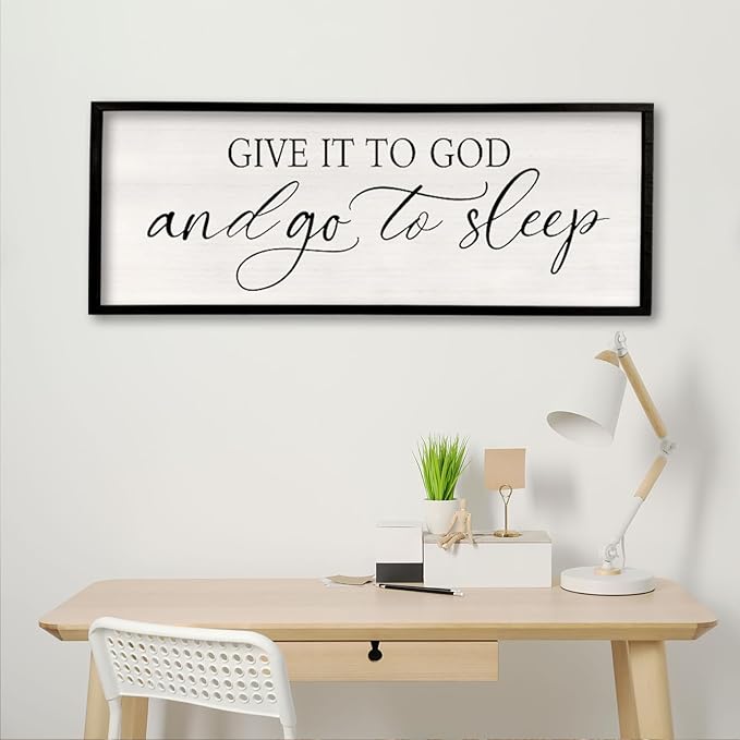 comurdyo Give It To God And Go to Sleep Sign 40''×15'' Master Bedroom Above Bed Wall Decor Wood Framed Couple Large Farmhouse Guest Room Rustic Simple Over Bedside Wall Art Hanging Decor (Black)-Ruum Studio Home