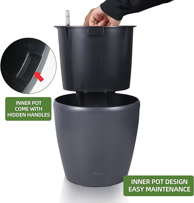 Dexceder 11x10 Inches Self Watering Planter Indoor Outdoor, Inner Pot Design, Thickened Table Flower Plant Pot with Water Level Indicator (Slate Gray Matte)-Ruum Studio Home