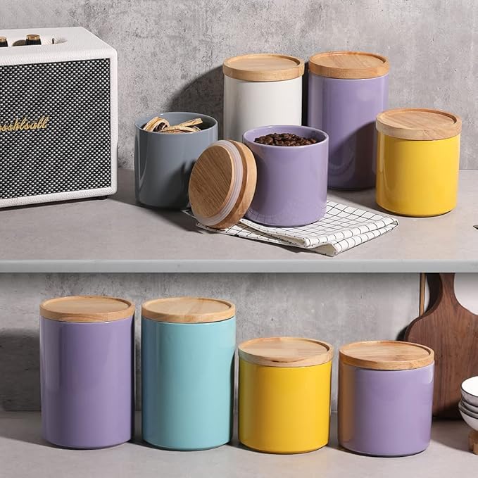 Sweejar Ceramic Food Storage Jar, Stackable Kitchen Canisters, Containers with Airtight Seal Wooden Lid for Serving Coffee Grounds, Coffee Bean, Flour, Tea, Spice and More - 39 Fl Oz (Purple)-Ruum Studio Home