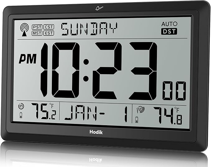 Wall Clock Atomic with Indoor Outdoor Temperature Battery Powered, Easy Reading with 10.5 Inch Large LCD Display, 330FT Range Table Wall Clock with DST, 12/24 Hour for Living Room Kitchen (Black)-Ruum Studio Home