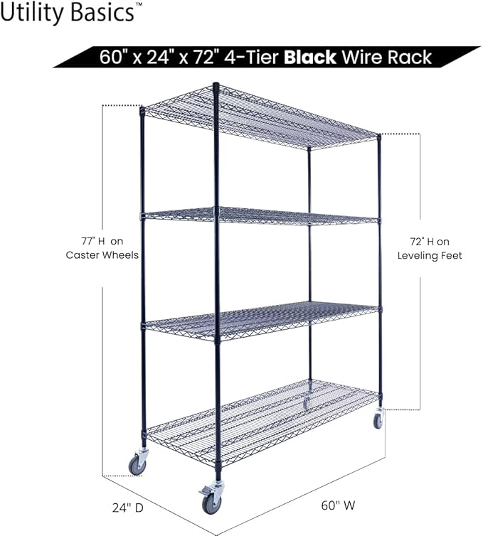 60"x24"x72" Premium Metal Steel 4-Tier Wire Shelving NSF 3200 LBS MAX Capacity Heavy Duty Storage Rack for Hospitals, Schools, Commercial Spaces, and Garages w/Premium Wheels-Ruum Studio Home