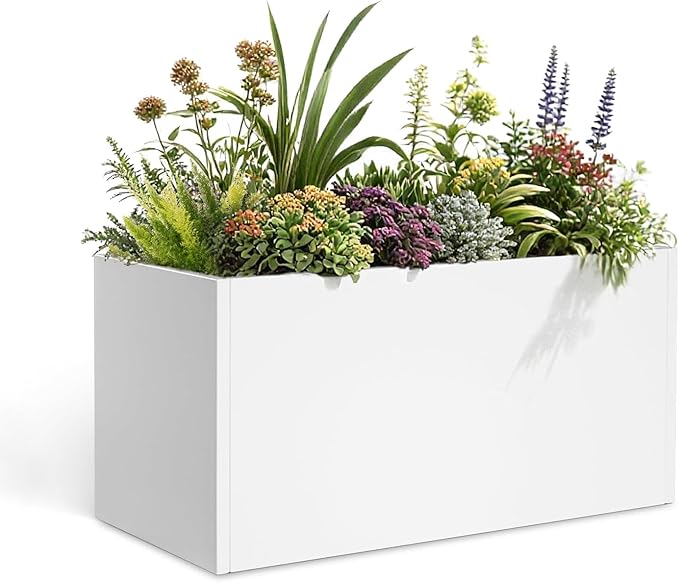 Galvanized Steel Garden Planter - White Matt Galvanized Metal Planter Box - Modern Metallic Heavy Planter - Indoor & Outdoor, Commercial & Residential (White, L36 x W12 x D16)-Ruum Studio Home