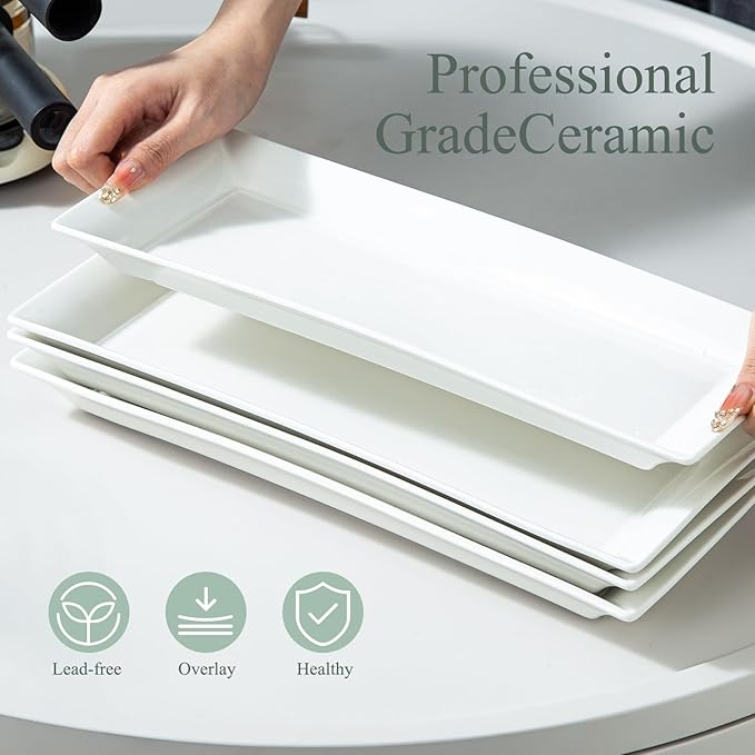 Rectangular Ceramic Serving Platters Set of 4, 14 inch Large Porcelain Serving Plates, White Appetizer Trays, Dishwasher Safe Plates for Steak, Charcuterie, Thanksgiving Turkey, Desserts-Ruum Studio Home