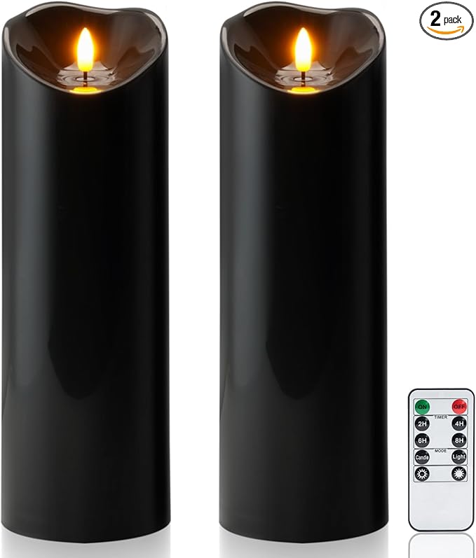 Homemory 4"x12" Black Flameless Candles, Halloween Candles, Outdoor Waterproof Flameless Candles with Remote and Timers, Gothic, Battery Operated LED Pillar Candles, Won't Melt Plastic, 2Pack