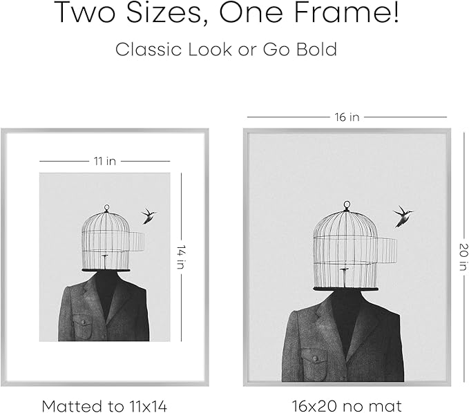 Homeforia 16 x 20 Picture Frame Silver, High End Metal 16 x 20 Frames with Mat 11 by 14 Photo, 16x20 Silver Poster Frame Matted to 11x14 Print, 20x16 Hanging Frames, Tempered Glass, Wall Kit, Set of 1-Ruum Studio Home