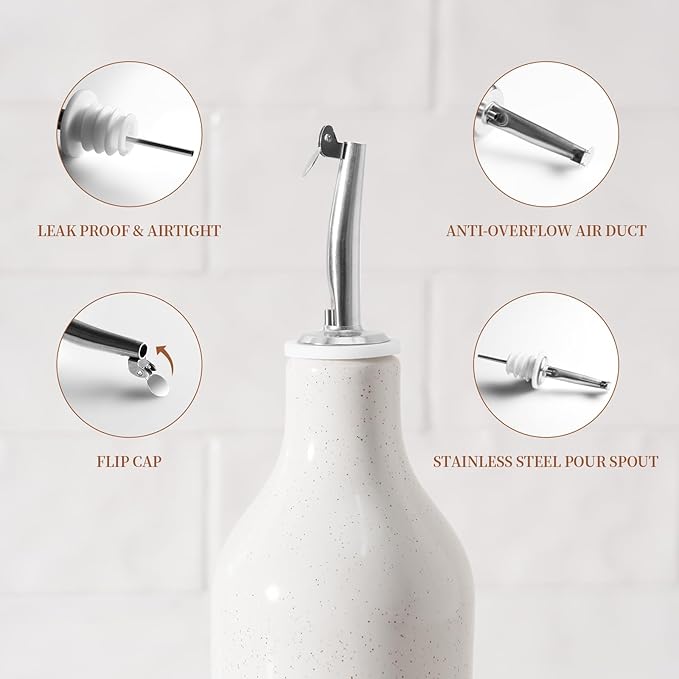 famiware Milkyway 16oz Ceramic Olive Oil Dispenser Bottle, 1 Piece Oil Dispenser for Kitchen with Stainless Steel Pourers, Suitable for Storage Vinegar, Soy Sauce, Coffee Syrup, Liquids, White-Ruum Studio Home