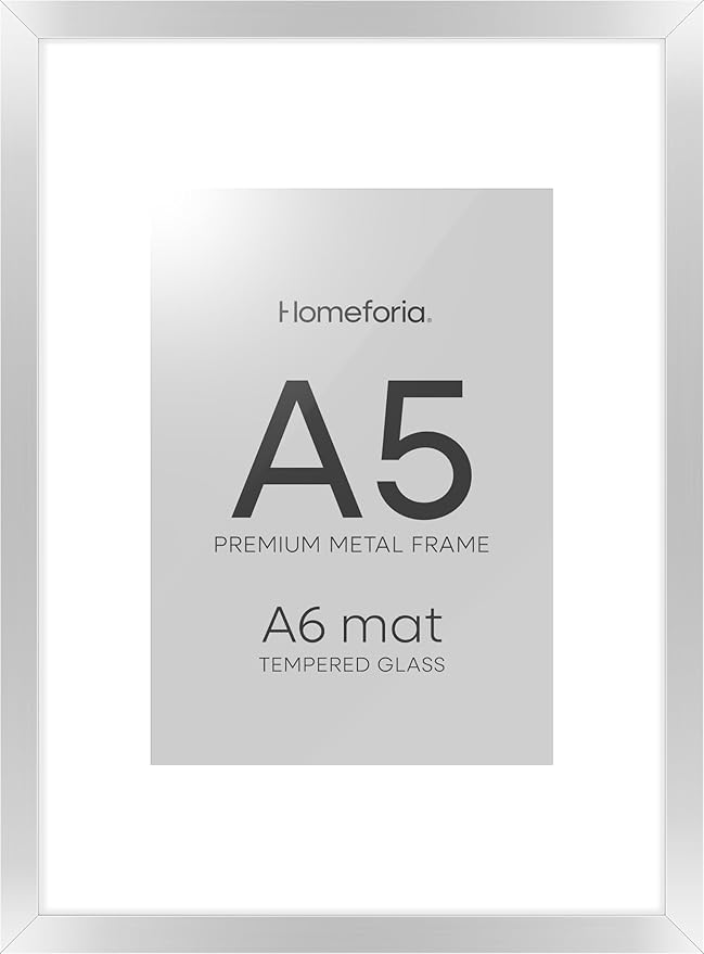 Homeforia A5 Picture Frame Silver, High End Metal 5.8 x 8.3 Frame Matted to 4.1 x 5.8 Art, A5 Frame with Mat A6, 5.8x8.3 Poster Frames, 8.3x5.8 Size Display Frames, Tempered Glass, Wall Kit, Set of 1-Ruum Studio Home
