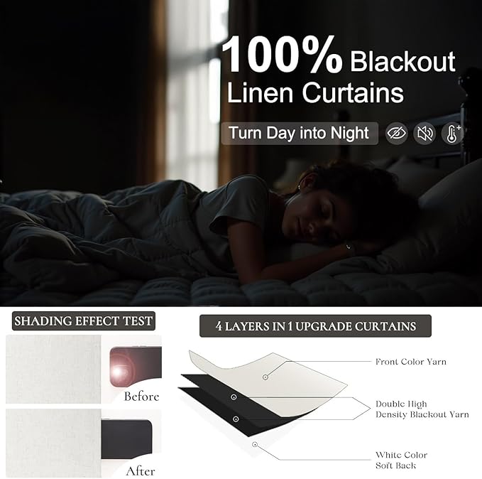 Cream Linen Blackout Curtains 84 Inch Long 2 Panel Set Back Tab Thermal Insulated Light Blocking Curtain for Living Room Black Out Drapes for Bedroom Neutral Rustic Farmhouse 52x84 Length Ivory White-Ruum Studio Home