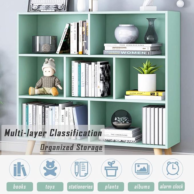 IOTXY Wooden Open Shelf Bookcase - 3-Tier Floor Standing Display Cabinet Rack with Legs, 7 Cubes Bookshelf, Tiffany-Green-Ruum Studio Home