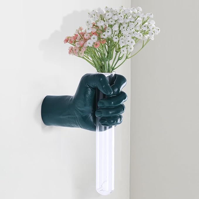Green Wall Sculptures, Hand Vases Home Decor, Wall Mount Art Sculpture, Unique Wall Art Statue, Funky Flower Vase Decorations, Modern Eclectic Hanging Decor,Glass Test Tube Vase-Ruum Studio Home