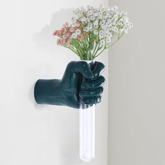 Green Wall Sculptures, Hand Vases Home Decor, Wall Mount Art Sculpture, Unique Wall Art Statue, Funky Flower Vase Decorations, Modern Eclectic Hanging Decor,Glass Test Tube Vase-Ruum Studio Home