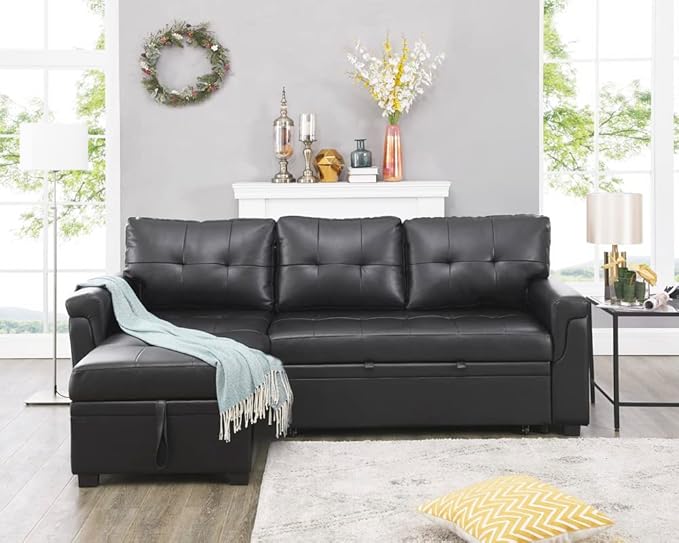 Naomi Home Jenny Sectional Sofa Sleeper with Storage Chaise, Tufted Pull Out Couch with Storage, L-Shaped Reversible Sleeper Sofa with Storage, Black,Air Leather-Ruum Studio Home