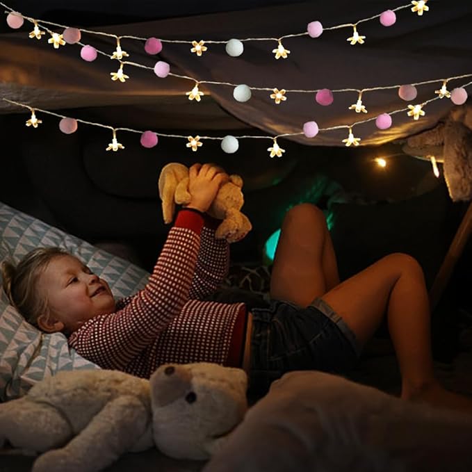 9.85Ft Fairy Lights 20 Cute Pink Pompoms 20 LEDs Cherry Blossom String Garland Battey Operated with Timer Flower Lights for Bedroom Kids Room Party Birthday Wedding Valentines Decoration-Ruum Studio Home