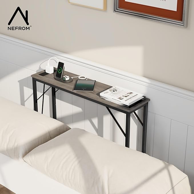 31.5‘’ Console Table, Skinny Entryway Table with Fast-Charging Station, Narrow Long Sofa Table, Behind Slim Couch Table for Entrance, Hallway, Living Room Decor ST-GY80-1-Ruum Studio Home