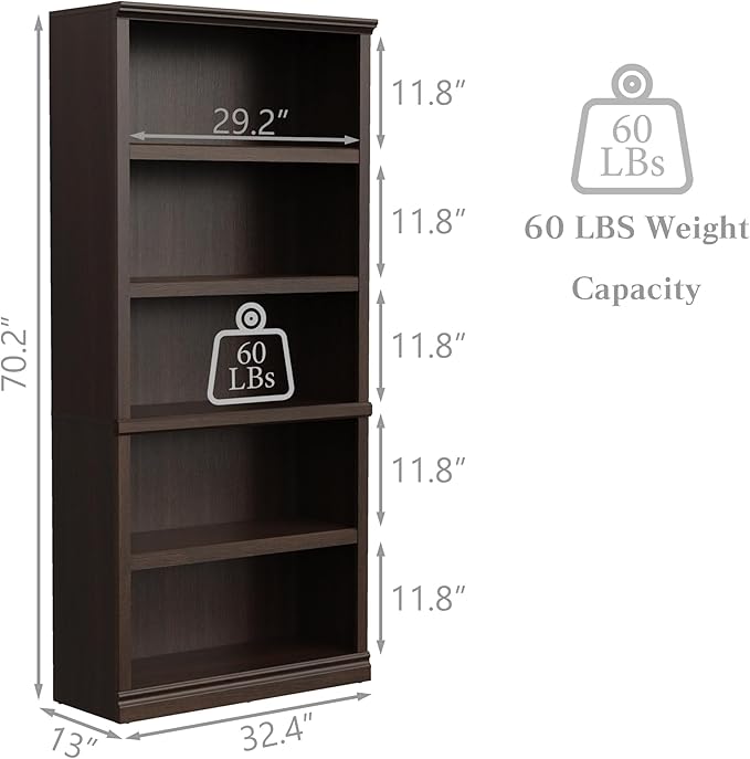 Bookshelf, Open Storage 70 Inch Tall 5 Shelf Bookcase, Floor Standing Bookshelves and Bookcases, Book case for Farmhouse Library Office Bedroom Kids, Dark Cherry - 5 Tier-Ruum Studio Home