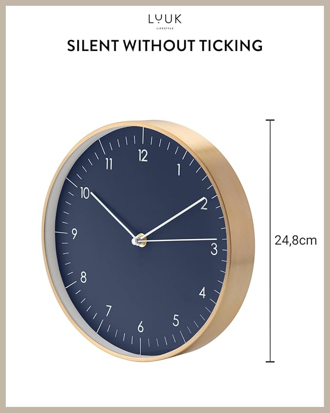 LUUK LIFESTYLE Modern Quartz Wall Clock with Silent Movement, Scandinavian Design, Kitchen and Living Room Clock, Gift idea, Trendy Home Decor, 10 inch, in Dark Blue and Gold-Ruum Studio Home