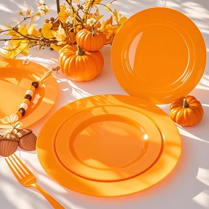 FLOWERCAT 60PCS Orange Plates - Heavy Duty Orange Plastic Plates Disposable for Halloween & Thanksgiving Party - Serve 30 Guests 10.25inch and 7.5inch-Ruum Studio Home