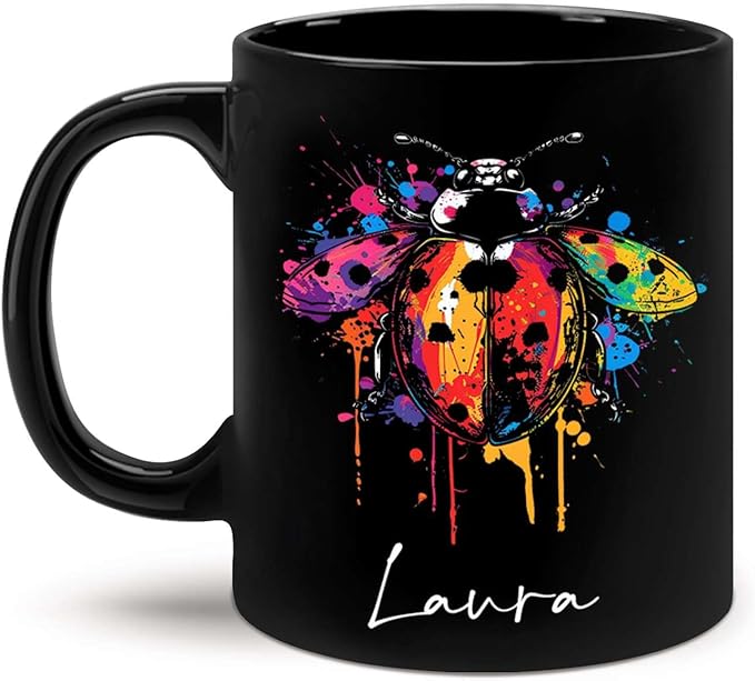 Personalized Choose Name Ladybug Coffee Mug, Colorful Ladybug Animal Design Cup, Customized Ladybug Lover Ceramic Mug, Gift For Christmas, Custom Animal Black Cup 11oz 15oz, Ladybug Mug-Ruum Studio Home