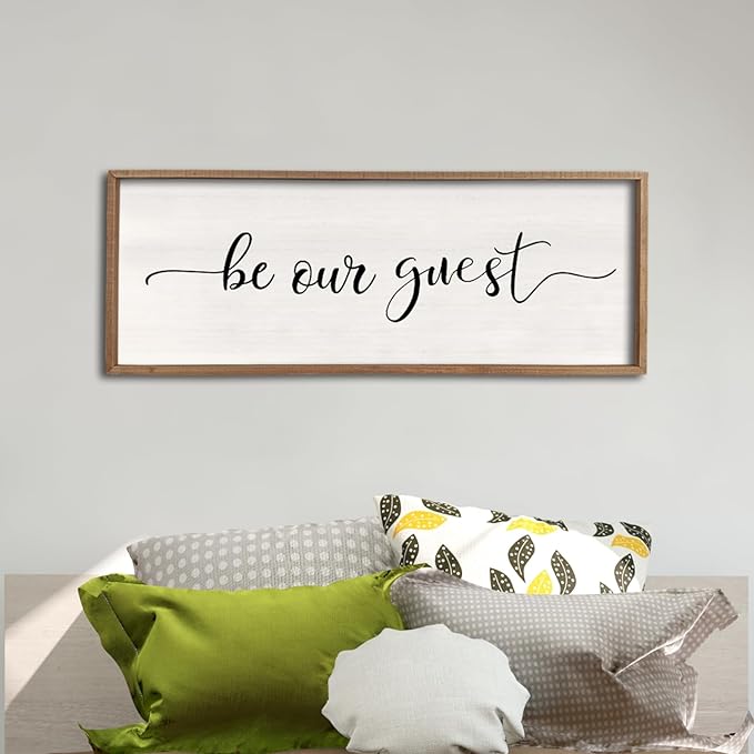 comurdyo Be Our Guest Wall Decor Sign 40”X15” Large Master Bedroom Above Bed Wall Decor Wood Framed Guest Room Sign Simple Rustic Farmhouse Over Bed Bedside Wall Art (Wood)-Ruum Studio Home