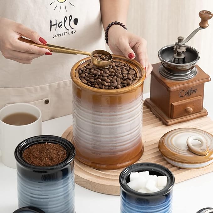 Nihow Ceramic Food Storage Jar Sets: Container with Air Tight Ceramic Lid for Flour/Sugar/Rice/Coffee/Cookies/Candy - Seal Damp-proof Canister for The Kitchen - Set of 3 （Brown）