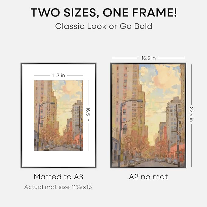 Homeforia A2 Picture Frame Black, High End Metal 16.5 x 23.5 inch Poster Frames with Mat 11.7 x 16.5 for Photo, A2 Size Frames Matted to A3 Print, 16.5 by 23.4 Hanging Frames, Tempered Glass, Set of 1-Ruum Studio Home