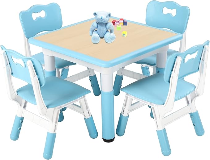 FUNLIO Kids Table and 4 Chairs Set, Height Adjustable Toddler Table and Chair Set for Ages 3-8, Easy to Wipe Arts & Crafts Table, for Classrooms/Daycares/Homes, CPC & CE Approved (5-Piece Set) - Blue-Ruum Studio Home