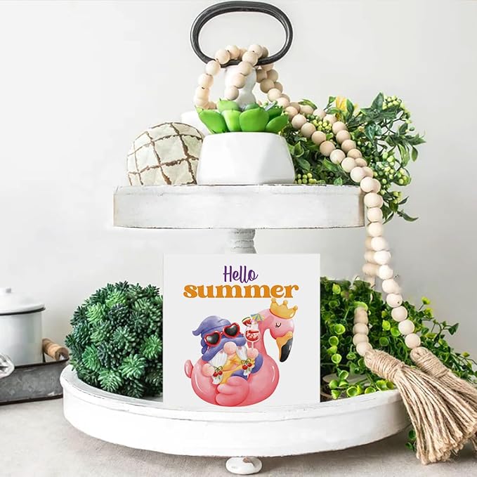 Hello Summer Decor Flamingo Decorations Summer Gnome Wooden Sign Rustic Home Decor 5 x 5 Inches-Ruum Studio Home